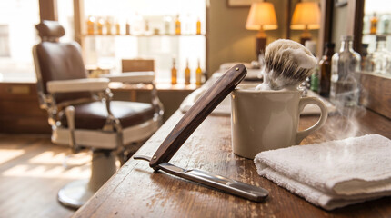 Obraz premium Straight razor and lathered brush on barbershop counter
