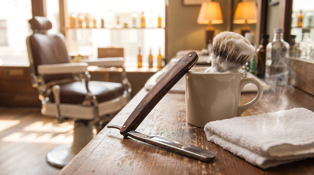 Straight razor and lathered brush on barbershop counter
