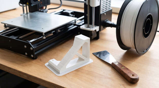 Fresh 3D printed bracket part beside printer heated bed