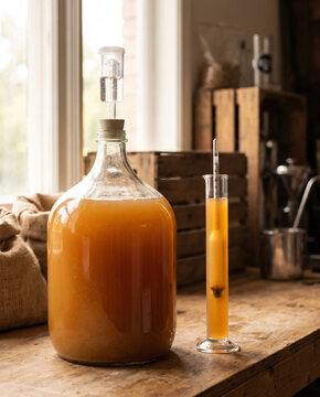 Fermentation carboy with bubbling airlock and hydrometer sample
