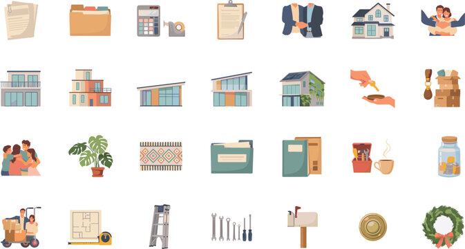 Real estate property purchase and home relocation flat vector icon set featuring house models family handshake moving boxes document folders finance tools and decor elements