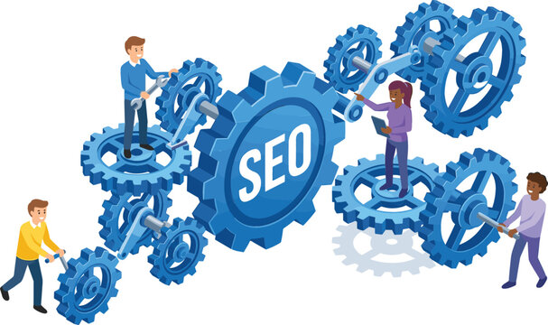 Isometric Search Engine Optimization SEO Optimization Concept with Business Team Working Together on Giant Blue Gears and Mechanisms Vector Illustration