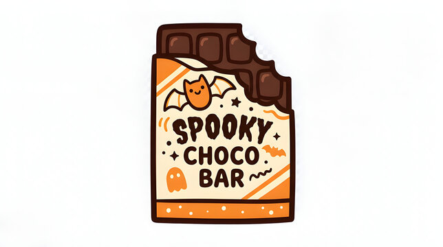 Spooky Choco Bar cartoon chocolate wrapper with bat and ghost Halloween vector illustration