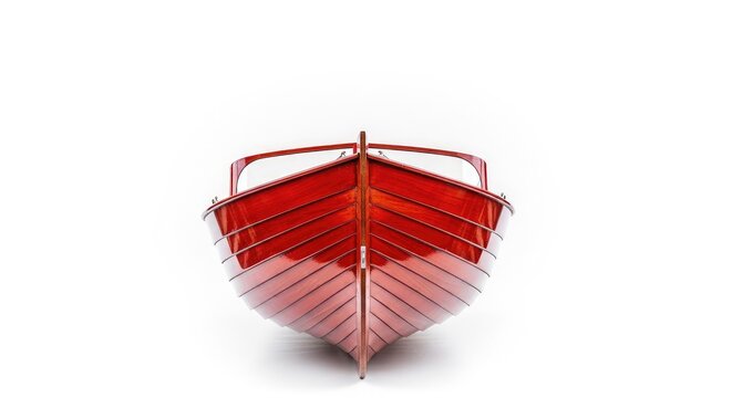 A vibrant red wooden boat sits centered against a clean white backdrop, showcasing classic nautical design and elegant maritime simplicity, bright, paint, maritime