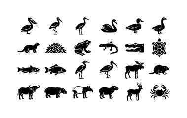 Fototapeta premium Wetland Animal Icons. Solid glyph icon set of animals: pelican, stork, crane, swan, duck, goose, otterhound, beaver dam, frog, newt, crocodile head, turtle shell, catfish, carp, heron, ibis, moose,