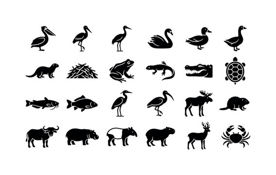Wetland Animal Icons. Solid glyph icon set of animals: pelican, stork, crane, swan, duck, goose, otterhound, beaver dam, frog, newt, crocodile head, turtle shell, catfish, carp, heron, ibis, moose,