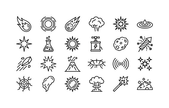 Blast Impact Lines. Line icon set of explosion and blast: fireball, shockwave ring, meteor, smoke cloud, energy burst, ripple wave, flash spark, chemical flask, sunburst, detonator box, cosmic rock,