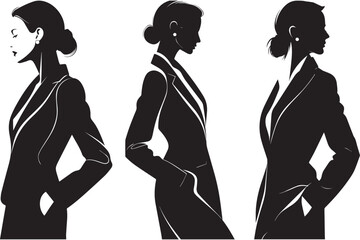 Black and white vector silhouette set of elegant businesswomen in formal suits, modern confident career woman profile portrait minimalist illustration. © Mujtanibah