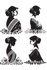 South Asian traditional woman silhouette vector set wearing saree and ethnic jewelry, beautiful Indian or Bengali bride profile portrait illustration with floral ornaments. © Mujtanibah