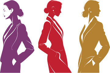 Vector profile portrait set of elegant businesswomen in formal suits with different color options, modern confident career woman silhouette design in purple, red, and gold accents. © Mujtanibah