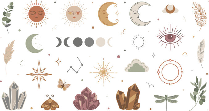 Mystical celestial vector clipart set featuring boho sun moon phases crystals evil eye third vision constellations and witchcraft symbols for spiritual tarot card design.