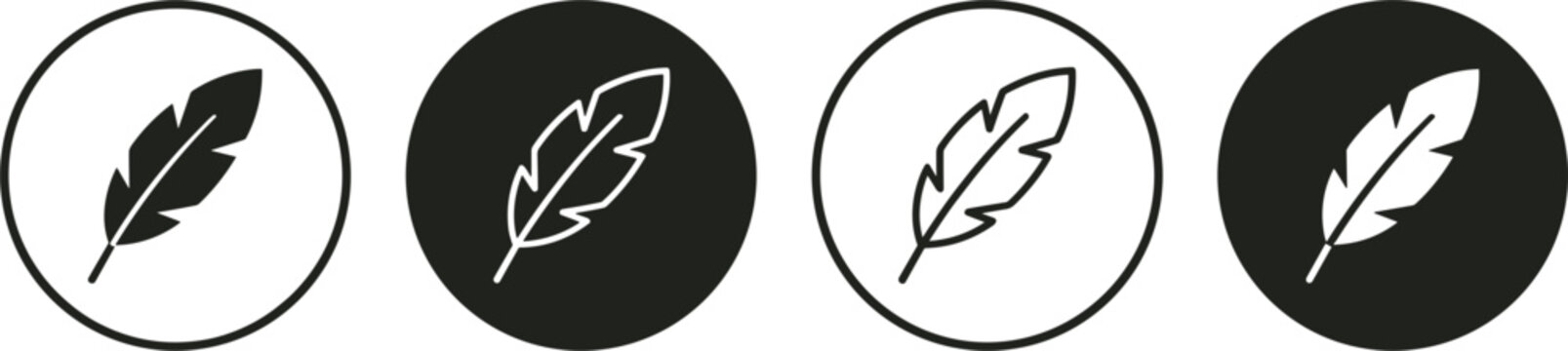 Feather Icon Set in Circle Black and White Line and Silhouette Style Vector Illustration for Writing, Blog, Quill Pen and Nature Logo Design