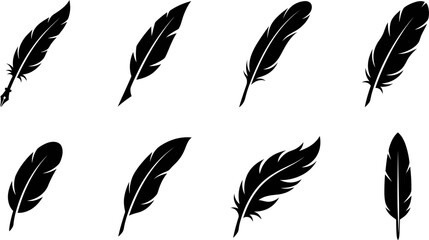 Set of black vector feather and quill silhouette icons featuring decorative bird feathers vintage writing quills isolated on white background collection © RONY CHANDRA ROY