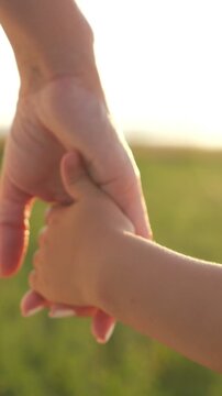 Young child's tiny hand gently grasping mother's finger for support while walking outdoors in a green field, symbolizing the unbreakable bond of family love, trust, and togetherness