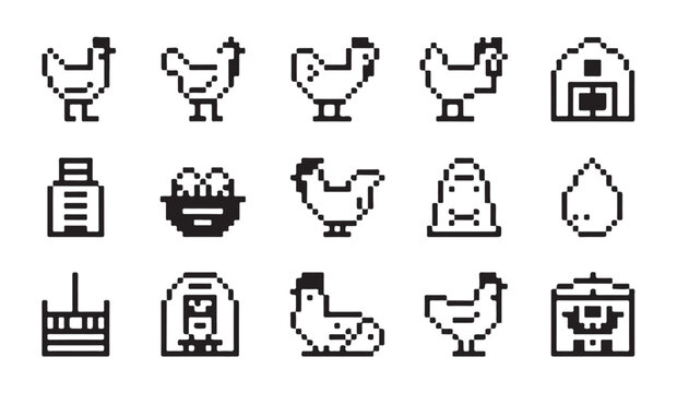 Pixel art farm elements set including animals structures and items for simulation gaming.