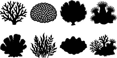 Collection of black silhouette coral reef icons featuring sea corals, marine plants, underwater organisms, tropical reef formations, and ocean ecosystem elements together © RONY CHANDRA ROY