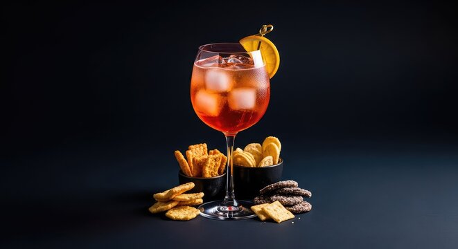 Elegante calice di cocktail arancione con ghiaccio e una fetta di agrumi, accompagnato da snack salati su uno sfondo nero scuro e profondo, bollicine, relax, vassoio