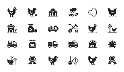Set of farm related pixel art icons including chicken house egg and vehicle illustrations. © Ripon