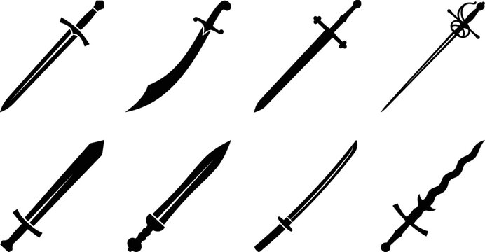 Black Silhouette Sword Vector Icon Set Featuring Medieval Longsword Samurai Katana Rapier Scimitar Kris Fantasy Blade Weapon Collection Design Elements