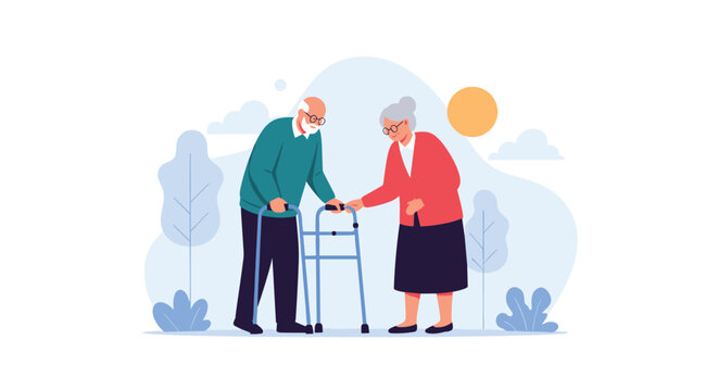 Loving elderly woman supporting her husband who is using a medical walker during an outdoor walk in the sun.