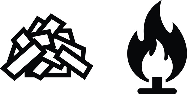 Firewood and industrial heating icons isolated on white background black silhouette collection for fuel energy and thermal production concepts