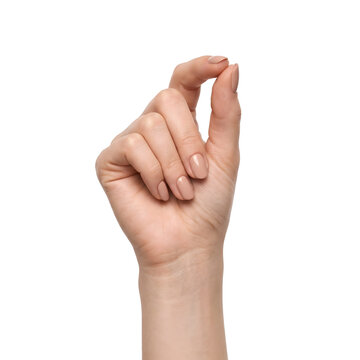 female hand holding small invisible item isolated on transparent background