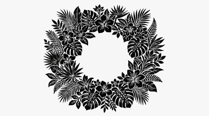 Tropical Leaf Wreath Black and White Illustration. © Siap