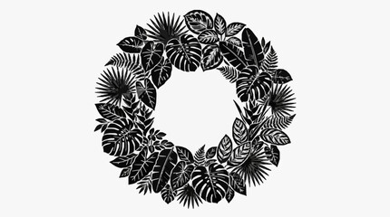 Tropical Leaf Wreath Circular Black and White Illustration. © Siap
