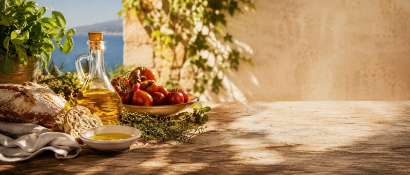 rustic kitchen scene with fresh ingredients and olive oil for gourmet cooking