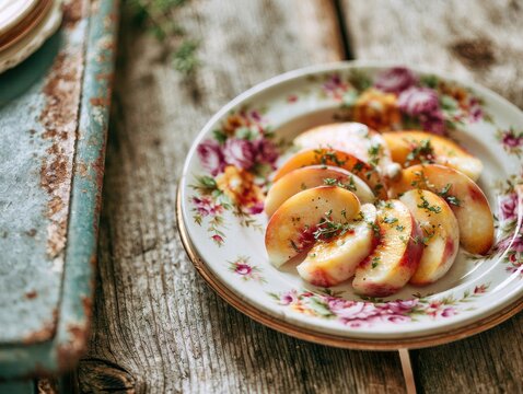 Sliced peaches garnished with herbs on vintage floral plate