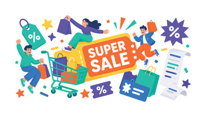 Naklejka premium Super Sale wide panoramic website header banner with 3 expressive stylized shoppers jumping around oversized shopping cart and giant coupon ticket spanning full canvas, with shopping bag, price tag,