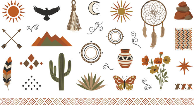 Southwestern bohemian tribal vector element set featuring dreamcatchers eagles cactus plants mountains pottery arrows and terracotta sun symbols for rustic designs.