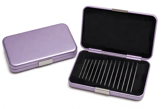 Purple sewing needle case with needles inside and open view  
