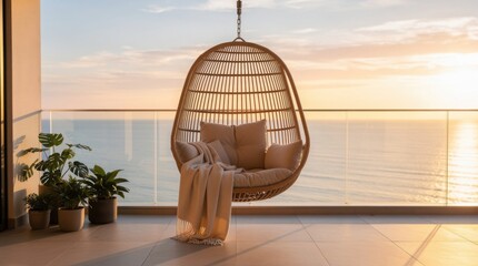 Fototapeta premium A cozy hanging chair with cushions and a blanket on a balcony overlooking a serene ocean at sunset, accompanied by potted plants.