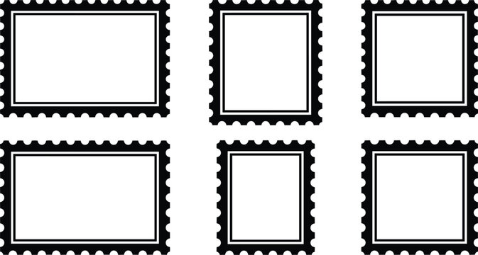 Blank postage stamp templates, empty stamp designs, vector mail icons, stamp shapes