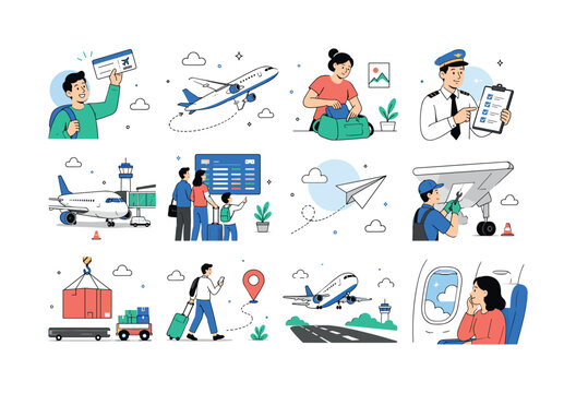 Plane Holiday Flight. Airplane travel, holiday flight, jet transport, passenger aviation, sky route, airline trip, cargo movement, wing shapes, pilot service, runway departure, and simple travel