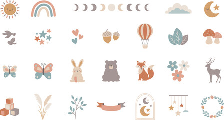 Cute woodland nursery vector clip art set featuring pastel rainbows smiling suns moons forest animals teddy bears foxes rabbits and hot air balloons. © MdMonirul