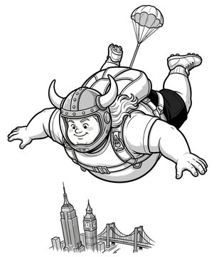 Cartoon Viking Skydiving with Parachute Over City.