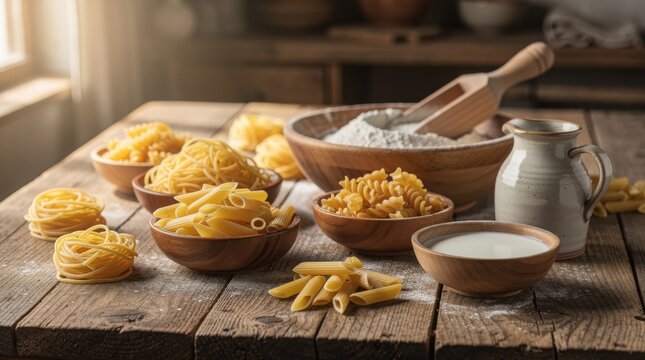 Various types of uncooked pasta in wooden bowls and nests, with a bowl of flour and a jug of milk on a rustic wooden table by a window.