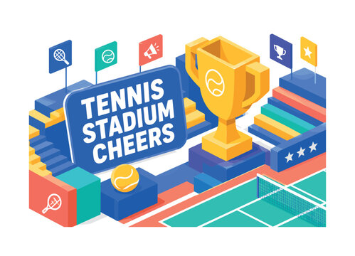 Tennis Stadium Cheers , oversized tennis trophy with bold geometric depth, stepped stadium seating, floating flag blocks and diagonal court surfaces, electric blue and warm yellow with coral accents,