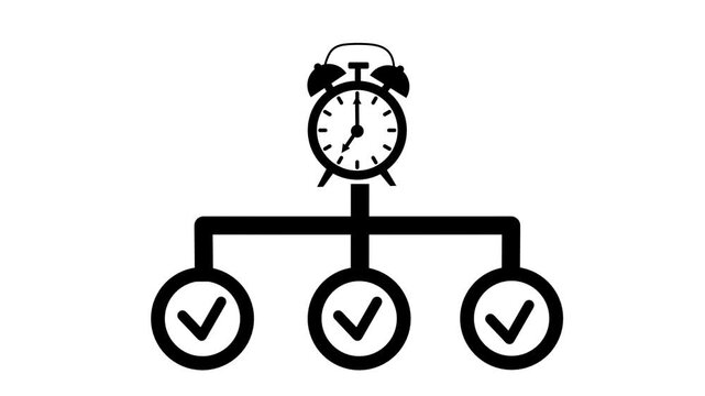 Animation of an alarm clock with spinning hands branching down into a multi-task checklist showing successful completion.