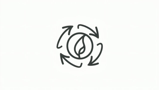 Minimalist line art recycling icon with leaf and circular arrows representing green ecology and sustainable environment