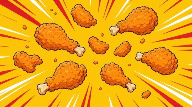 Cartoon-style crispy fried chicken drumsticks exploding dynamically on a bright yellow background with bold red and white comic lines.