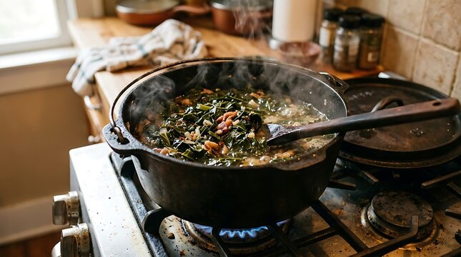 Collard greens simmering in a cast iron pot on a gas stove