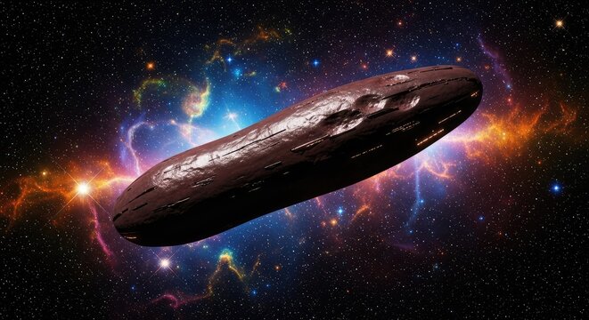 A long cigar-shaped interstellar object drifts through the vast dark void of deep space, surrounded by distant stars and cosmic nebulae, background, distant, shadow