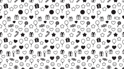 Fototapeta premium Seamless Birthday Party Doodle Pattern, Hand Drawn Monochromatic Celebration Vector Background for Coloring Book, Gift Wrap, and Kids Textile