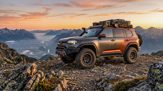 Modern off road SUV parked on rocky mountain peak at sunset