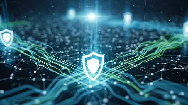 Digital security shields floating over a glowing abstract data network