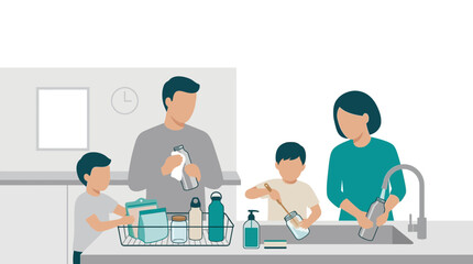 Fototapeta premium Family adopting zerowaste practices through recycling and reducing waste while doing dishes together at home