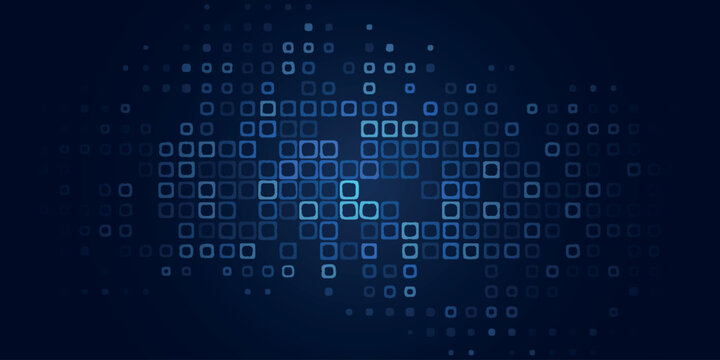 Dark blue gradient abstract techno background with overlapping glowing checkered decoration. Modern design with futuristic glittering geometric shapes. Vector illustration eps. 2